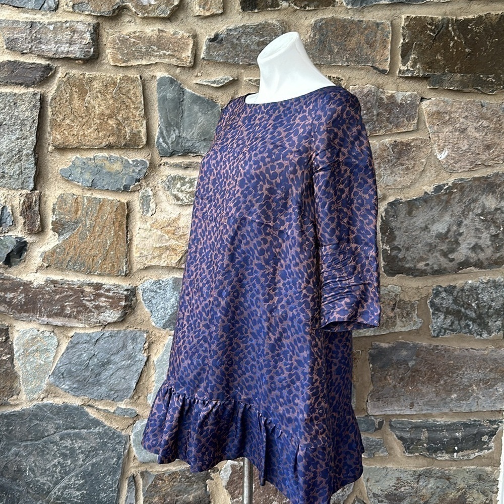 Sezane Robe Auberie Jacquard Leopard Blue Ruffled Hem Shift Dress size 36 (4) - Picture 8 of 12